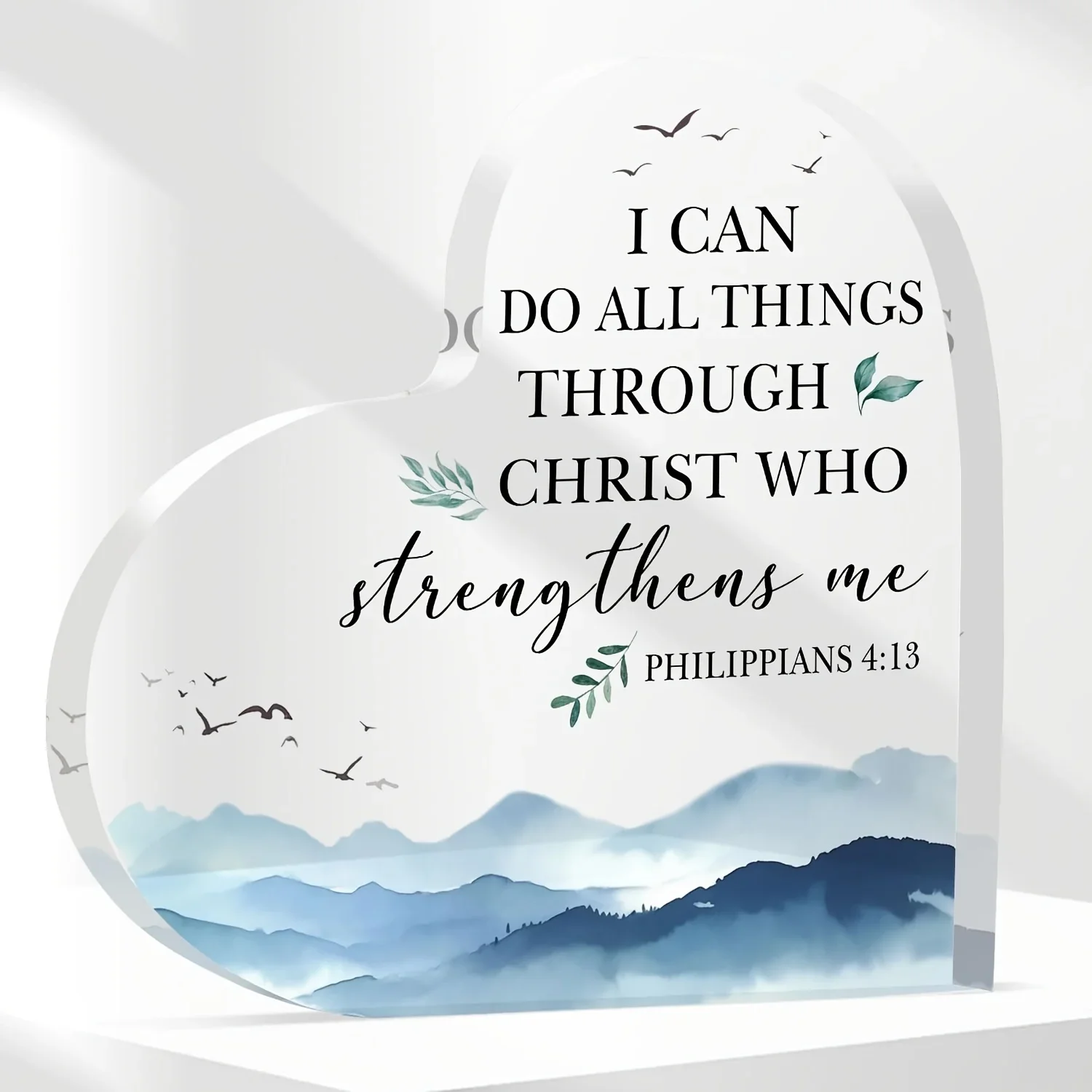Heart Acrylic Plaque I Can Do All Things Through Christ Philippians 4:13 Mountain Decor,Christian Bible Verse Clear Acrylic Heart Ornament Watercolor Mountain Bird Design