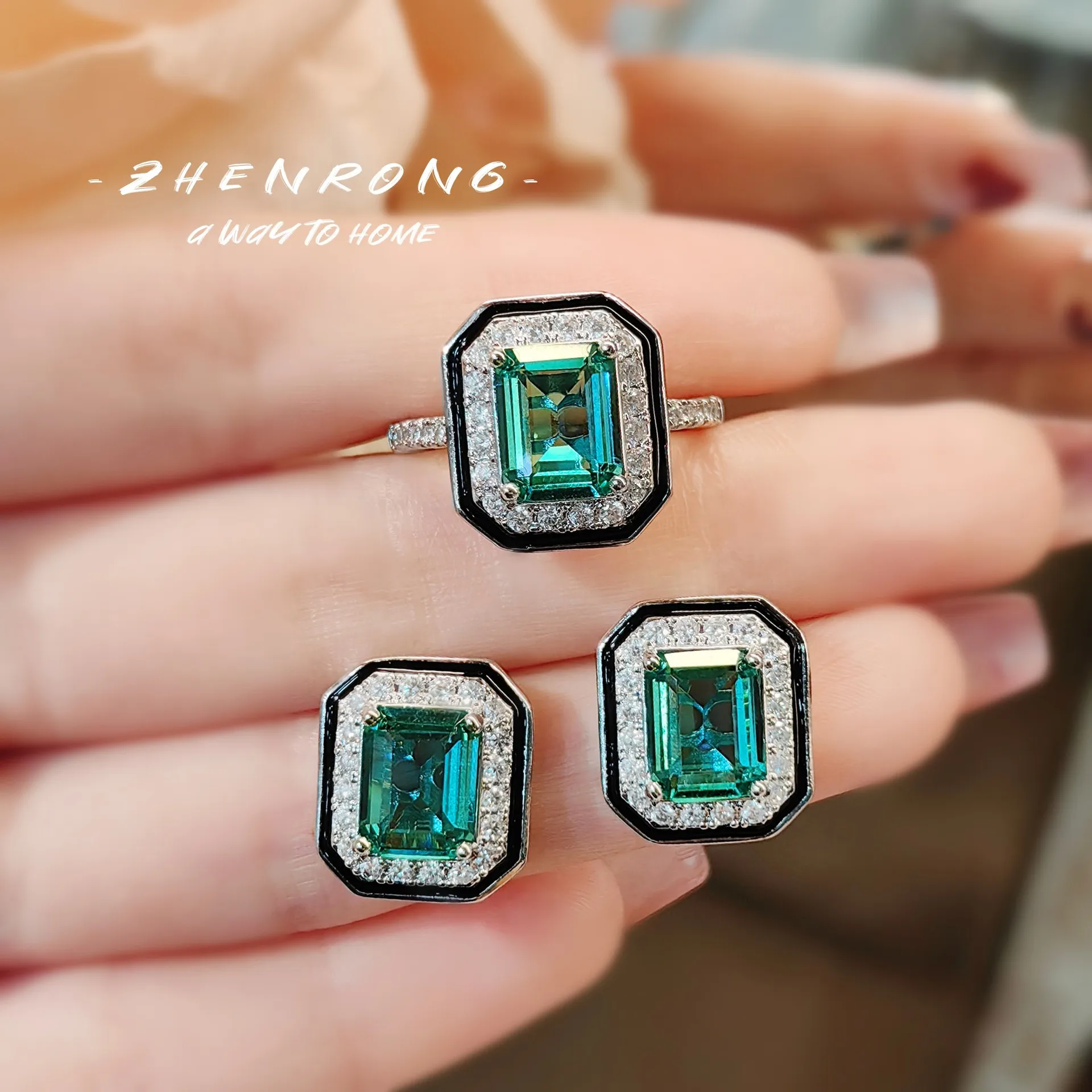 925 Silver Color Square Paraiba Minimalist Princess Cut Jewelry Sets Luxury Retro Black Enamel Earrings Necklace Earring Gift