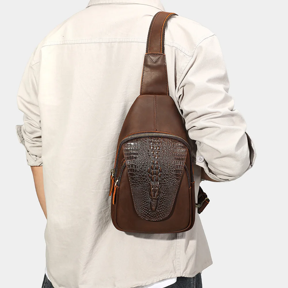 Retro Crocodile Pattern Men Chest Bag Top Grain Cowhide Single Shoulder Crossbody Bag