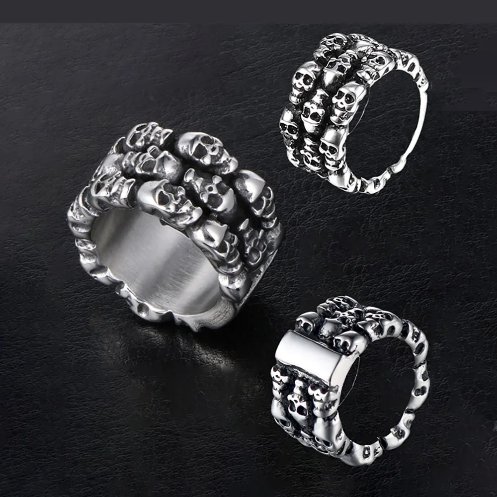 8/9/10/11/12/13 Stainless Steel Three Rows Skull Head Men Ring Waterproof Rust Proof Personality Finger Jewelry  Drop Shipping
