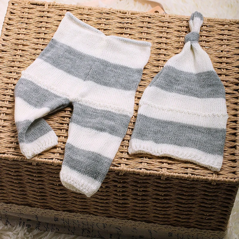 Ylsteed Knitting Newborn Boy Photography Costume Infant Striped Pants and Sleepy Knot Hat Set Baby Photo Props Picture at Home