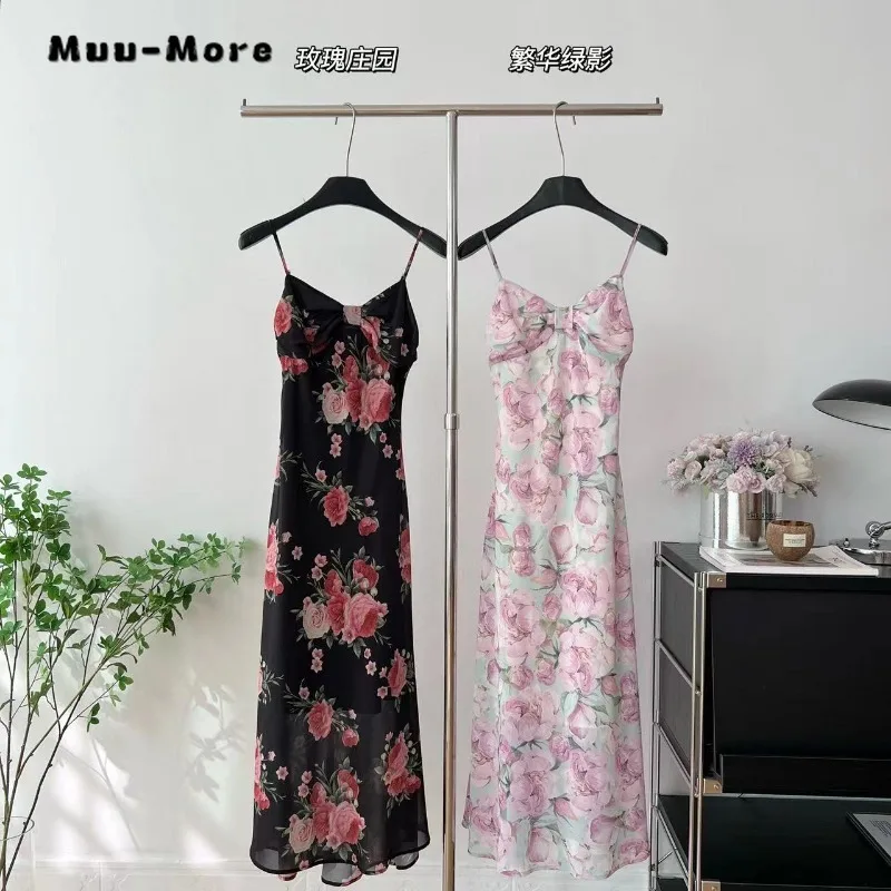 Women Vintage Floral Print V-neck Bow Backless Mid-Calf Dress 2024 Summer Elegant Sleeveless High Waist Camisole Suspender Dress