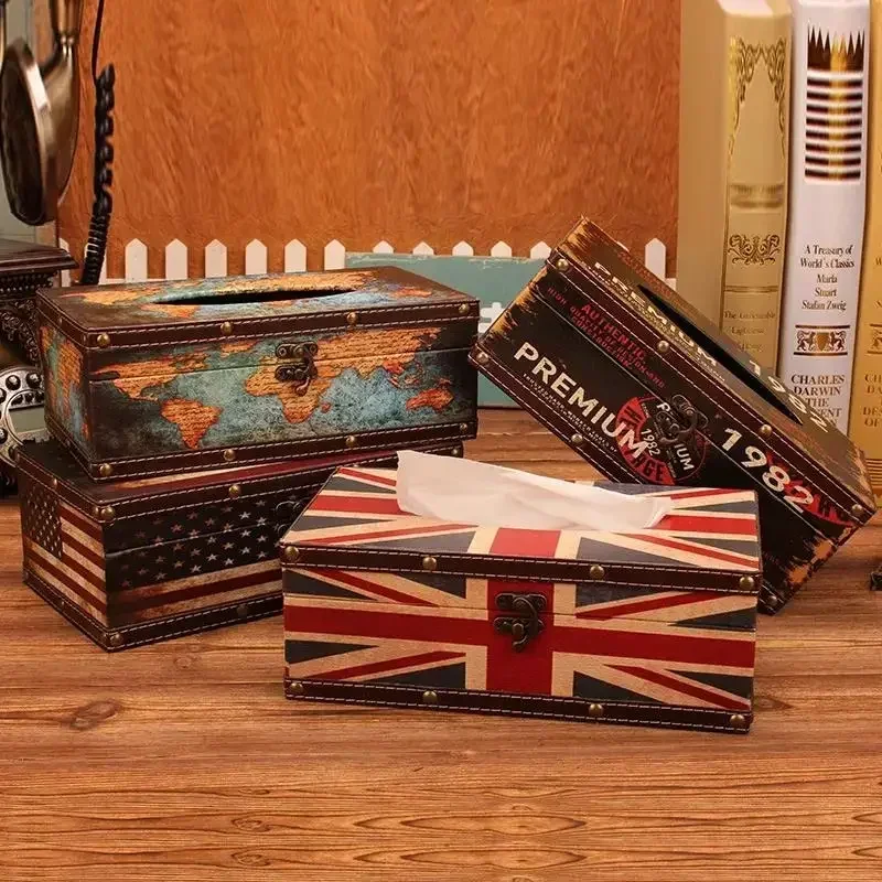 British tissue box household goods creative retro home living room decoration wooden Handicrafts square pumping box Ornaments