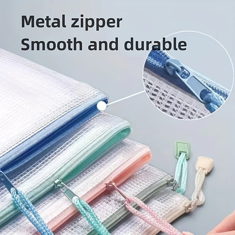 Macaron Color Mesh Zipper Bag, A4 Waterproof Zipper Folder, Suitable For School Supplies, Cosmetics And Travel Storage