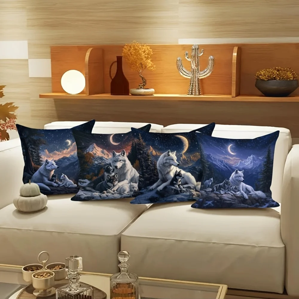 4Pcs Wolf Family Pillow Covers 45x45cm Double-sided Printed Moon Mountain Night Scene Cushion Cases Animal Lover Decor No Insert
