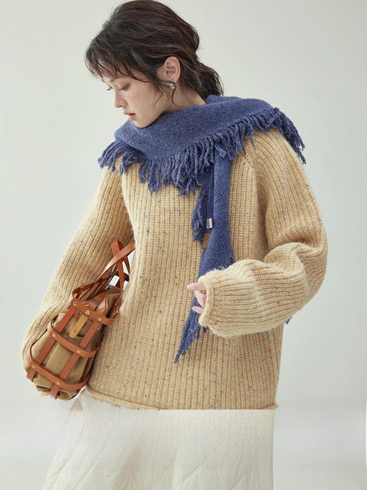 

AMUU Оригинальный утепленный женский шерстяной свитер с длинным рукавом, вязаный топ в расслабленном стиле для зимнего сезона