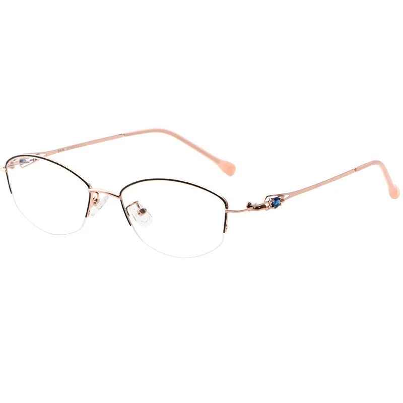 Retro Stylish Alloy Half Frame Temple Diamond Inlaid Plano Myopia Anti Blue Light Prescription Multifocal Progressive Glasses