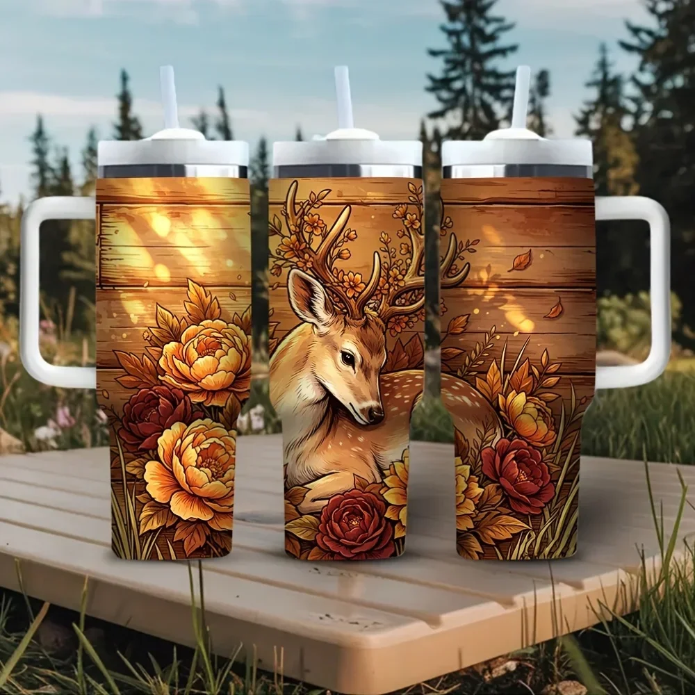 40Oz Tumbler with Handle, Beautiful Floral Deer Print on Wood Background, Ideal for Hunting And Animal Lovers, Suitable for Hot And Cold Drinks, Perfect for Outdoor Camping Travel And Daily Use