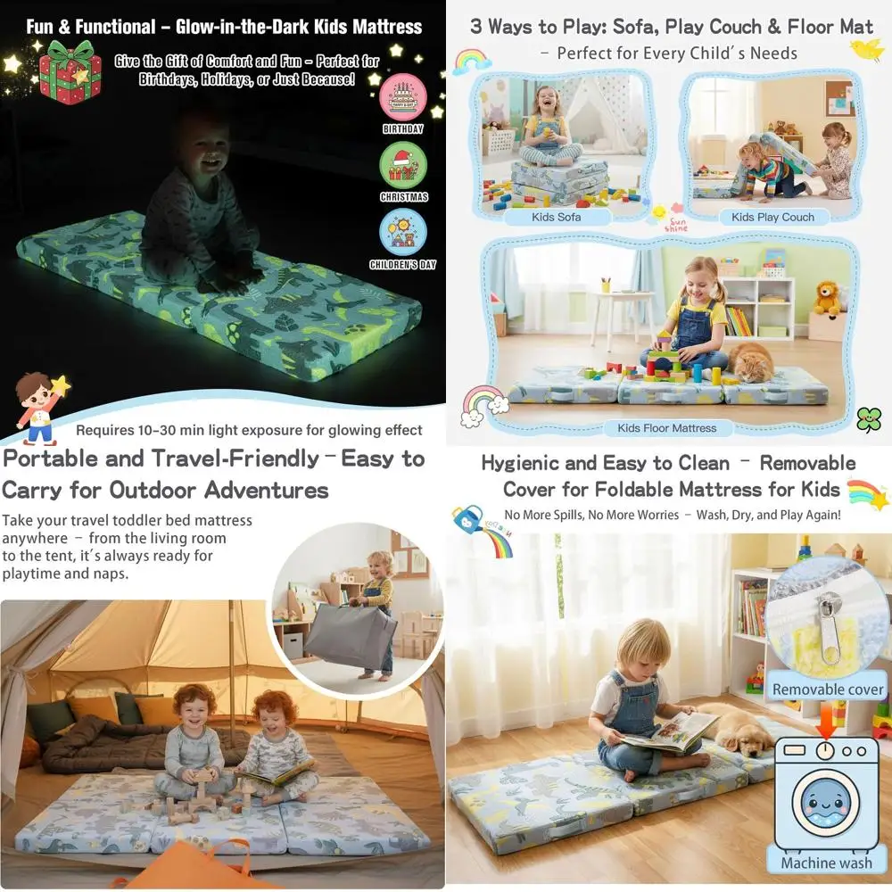 

Портативный детский матрас с динозавром, светящийся в темноте, с местом для хранения, идеально подходит для путешествий, детского сада, кемпинга и игровых комнат