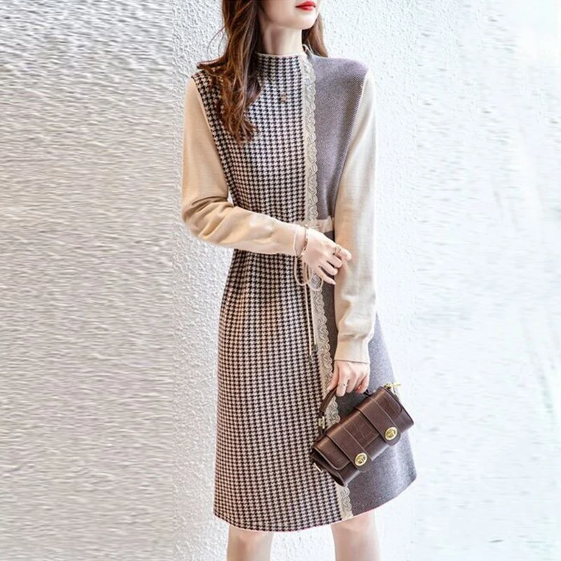 Autumn Winter Half High Collar Houndstooth Lace Patchwork Knitting Dress Female Elegant Fashion Drawstring Waist Robe Vestidos