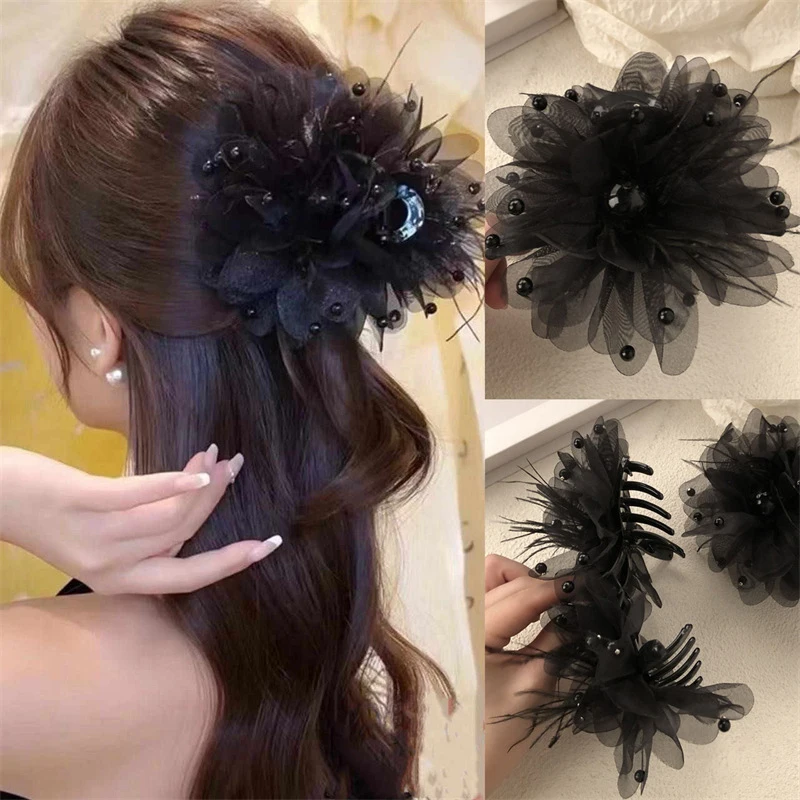 

Romantic Black Lace Feather Big Bow Knot Hair Claw Fashion Advanced Sense Hairpins For Women Girls Shark Clip Hair Accessories