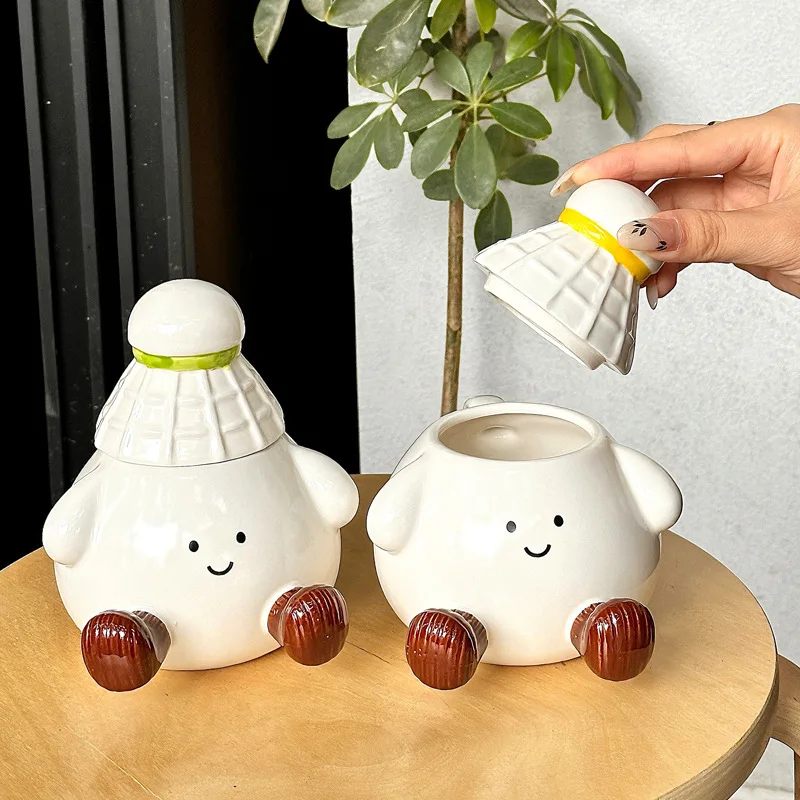 Cute Funny Badminton Ceramic Mug with Lid for Girls High Looks Drinking Cups Birthday Gift Souvenir Cartoon White Porcelain Mug