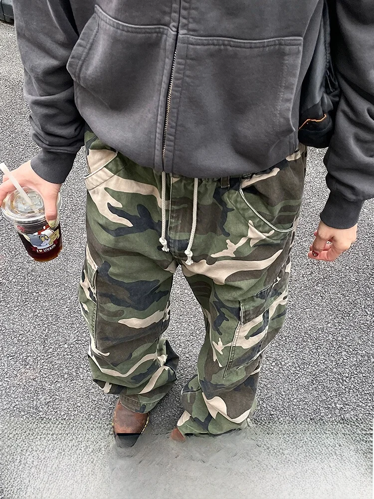 

Loose Wide Leg Workwear Pants Women's American Retro Waist Elastic ket Street Dance Long Trousers Camouflage Pattern