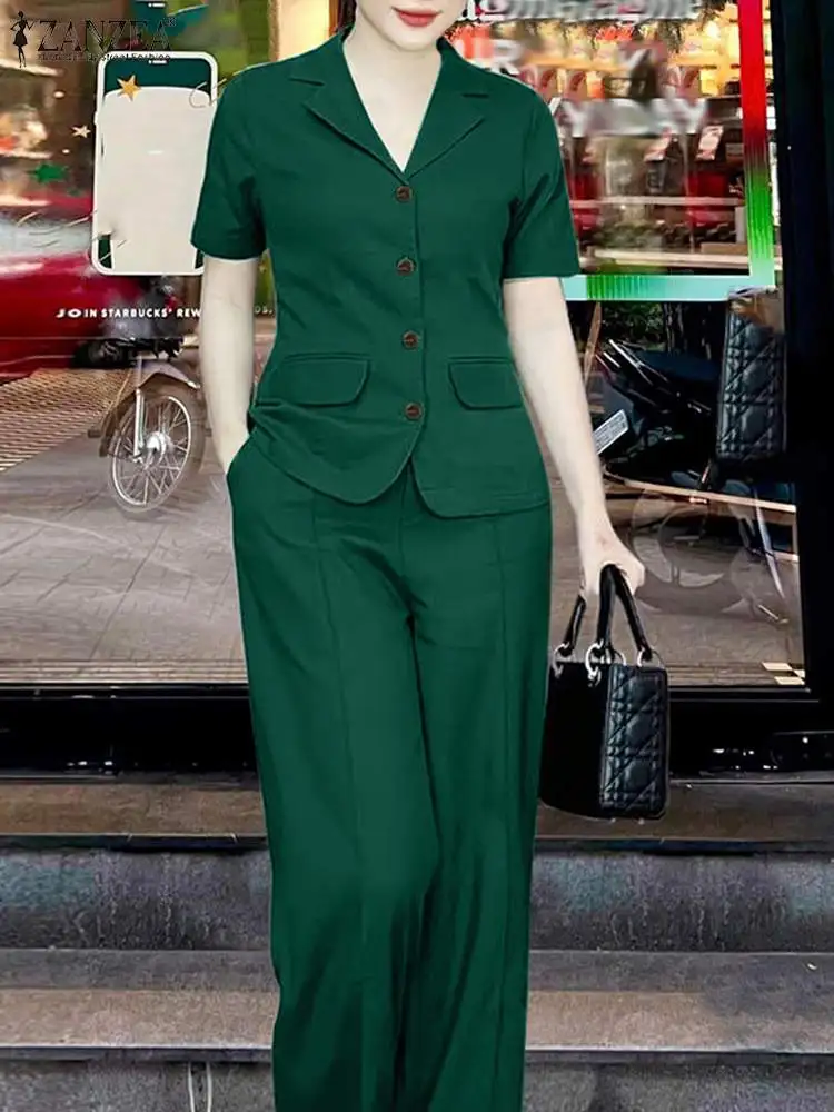 ZANZEA Elegant Women Commute Pant Sets Casual Lapel Short Sleeve Shirts Wide Leg Trouser 2pcs Outfits Fashion Tracksuits