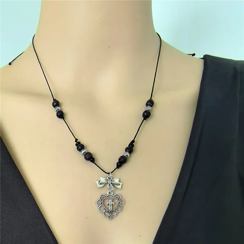 Adjustable Ins-Style Bowknot Sweater Chain for Men, European and American Retro Volcanic Stone Beads, Sweet Cool Spicy Girl Heart Cross Clavicle Chain Necklace for Women
