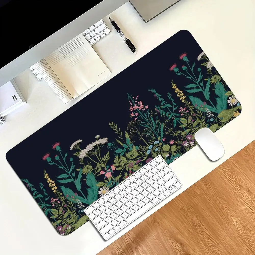Dark Wild Floral Botanical Print Large Gaming Mousepad Non-slip Rubber Base Stitched Edge Office Keyboard Workstation Decor