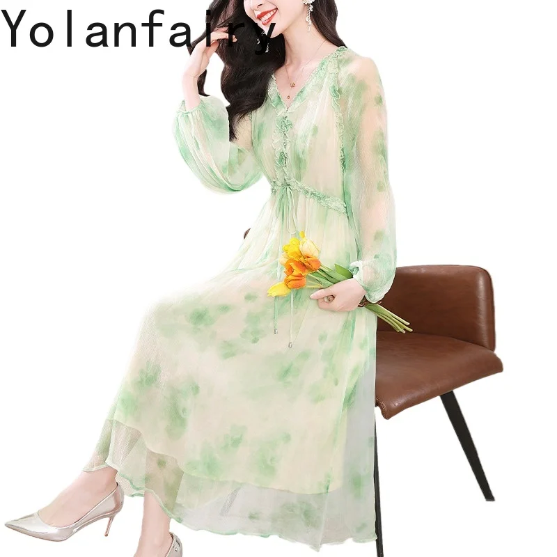 

YOLANFAIRY 100% Natural Mulberry Silk Dress Summer Luxury Elegant Beach Dress Long Sleeve Women's Clothes Floral Birthday Dress