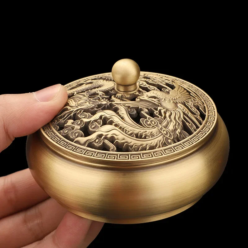 Classical Antique Flat Bottom Incense Burner Pure Copper Household Indoor Decorative Zen Sandalwood Carving Incense Burner