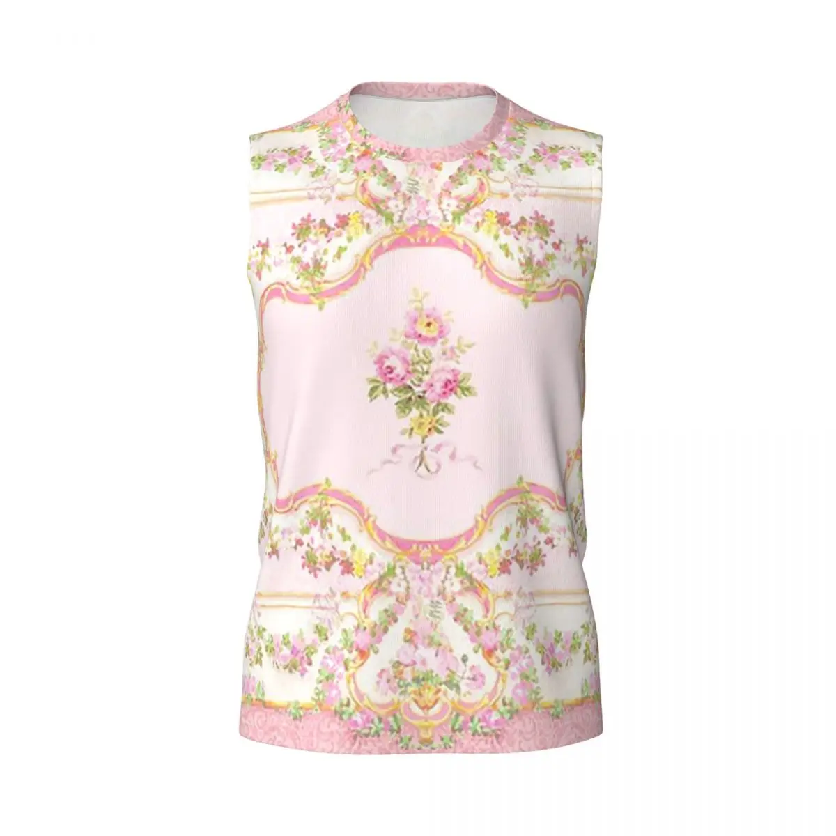 French Rococo Pink Floral Watercolor Panel Men Printed Sleeveless T-shirt Casual Hip Hop Street Style Beach Holiday Tank Tops