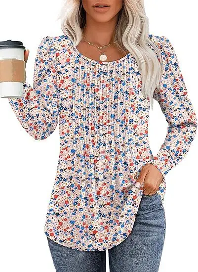 

2024 Spring Autumn Women's Tee Trendy Long Sleeve Tops Floral Print Pleated Low O-Neck T-shirt Female Casual Loose Women Tshirt