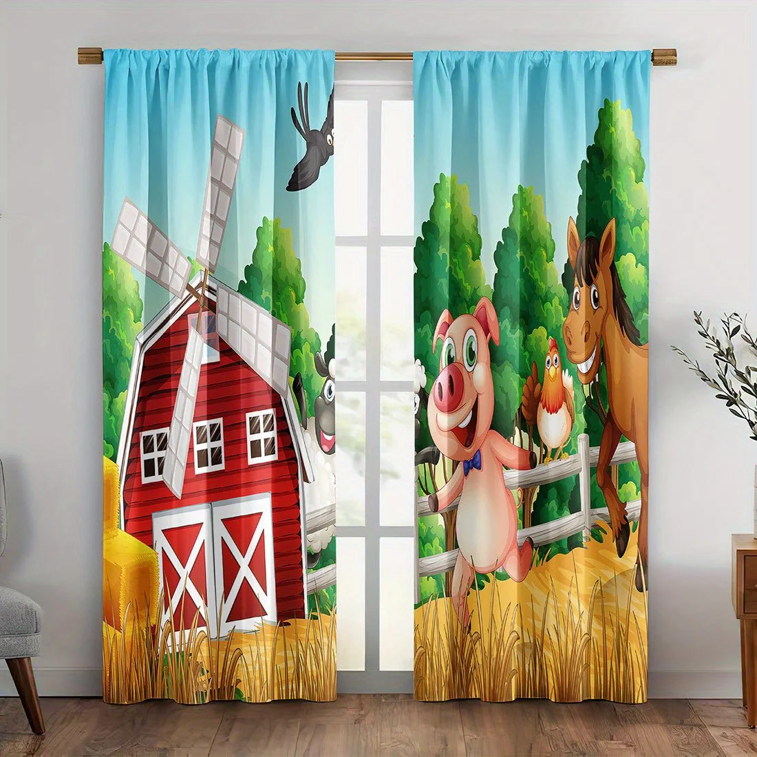 Cartoon Farm Animals Curtains Nursery Decor Red Barn Windmill Horse Pig Chicken Kids Room Window Drapes Style