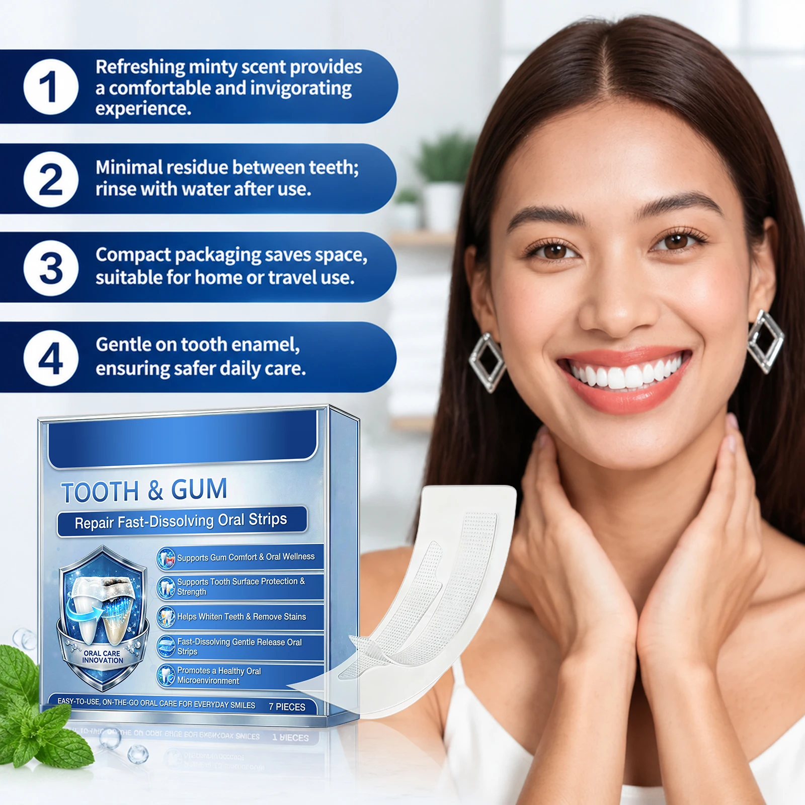 Teeth Whitening Promotion - 毎日使用できる歯のホワイトニングストリップ。歯茎のケア、口腔内環境の改善、歯の健康維持、歯の色補正、保護効果をもたらし、口腔内のマイクロ環境を促進します。