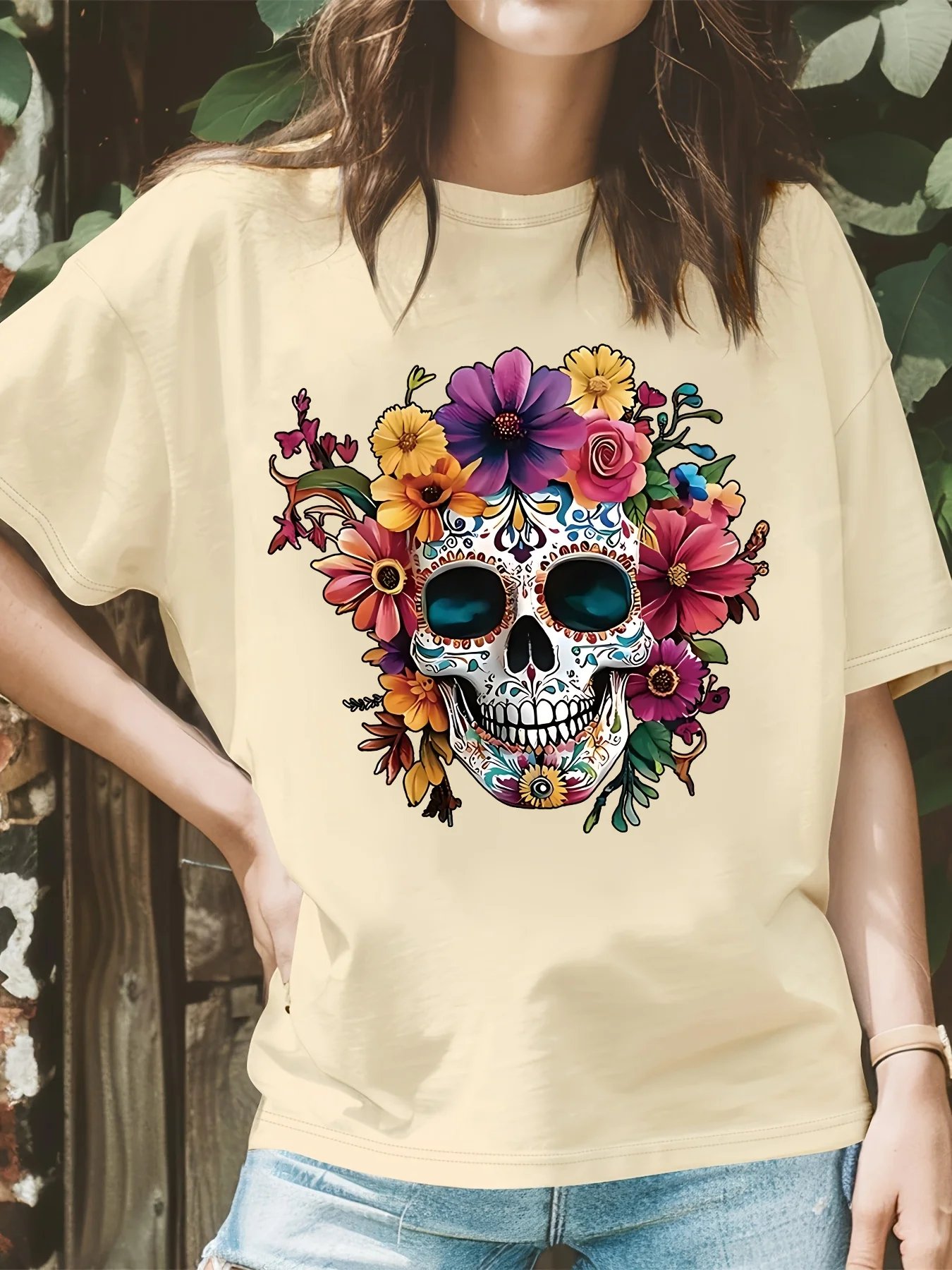 Funny Printed Round Neck T-Shirt with The Theme of The Day of The Dead Women's Casual Graphic T Shirt Y2k Clothes Female Outfit