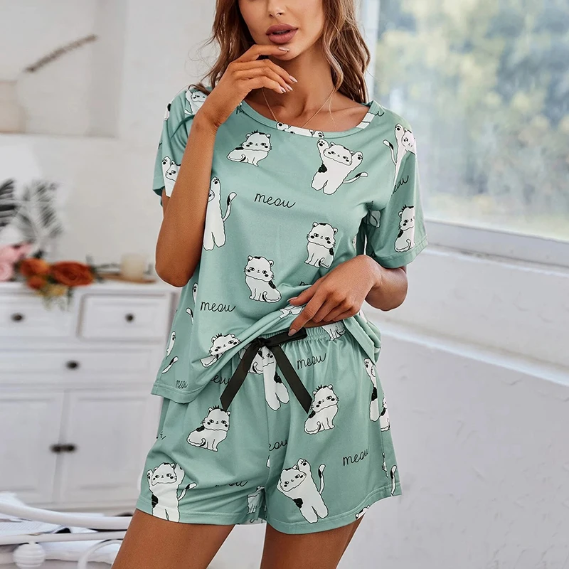 Women\'s Cartoon Cat Print Cute Pajama Set Summer Short Sleeve Top & Shorts Soft Comfortable Sleepwear Women Home Clothes Pj Sets