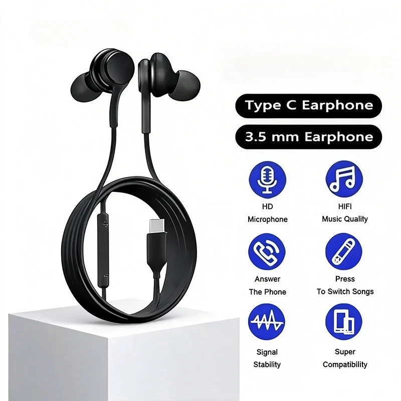 Stereo Audio Type-C & 3.5mm Wired In-Ear Earphones Portable Lightweight Earbuds for Type-C And 3.5mm Audio Port Devices