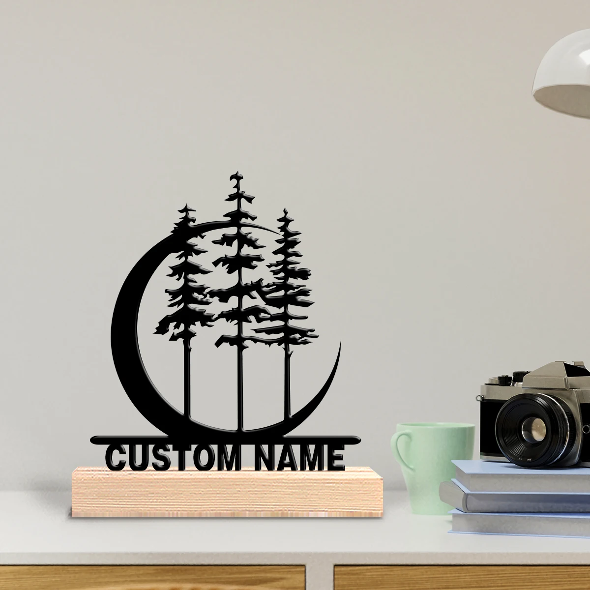 Customized holiday atmosphere Tree and Moon Metal Sculpture Solid Wood Base Home Decor Suitable for office, bedroom, living roo