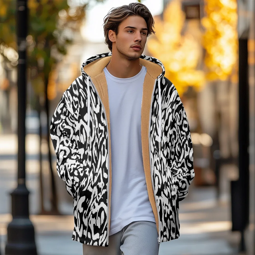 Men Jackets Coats Black White Abstract Art Printed Plush Thick Winter Flowers Outdoor Casual Large Size Streetwear Clothing