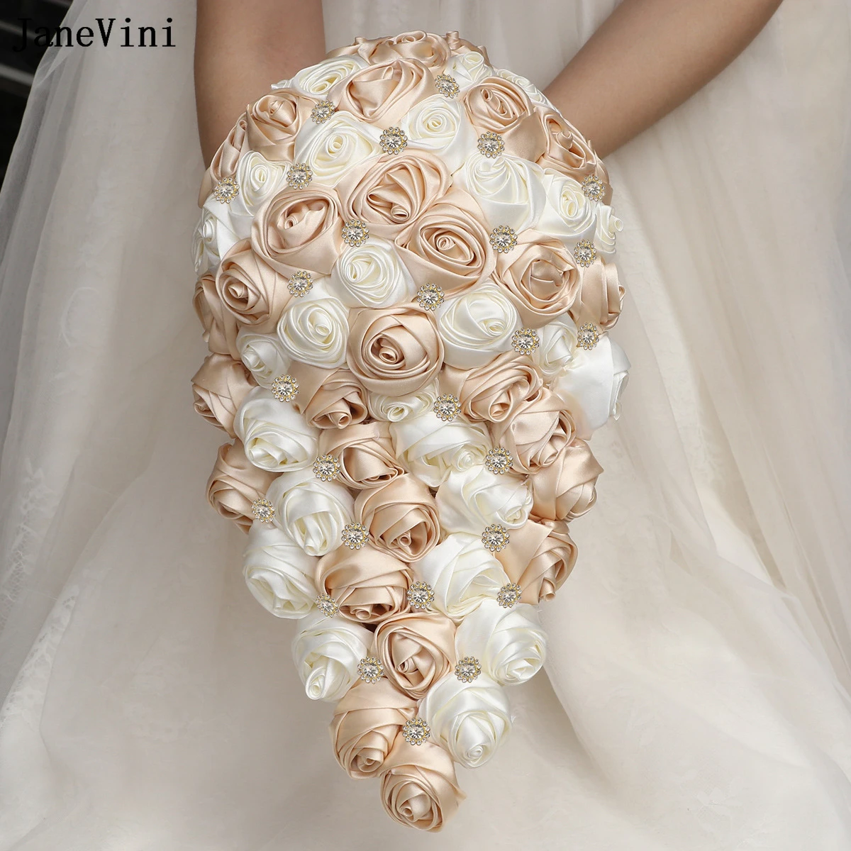 

JaneVini Light Khaki Cascading Flowers Waterfall Bridal Bouquets Crystal Artificial Satin Roses European Wedding Brooch Bouquet