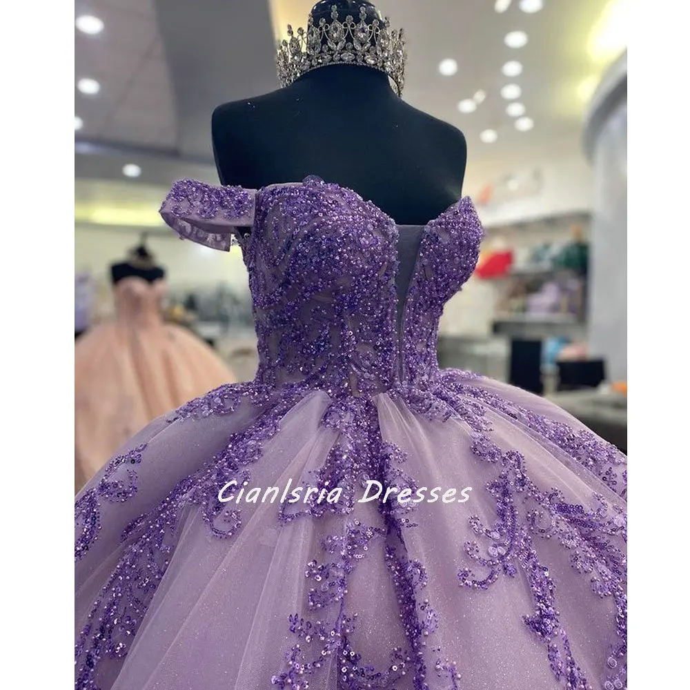 Lilac Off The Shoulder Pearls Beading Quinceanera Dresses Ball Gown Appliques Lace Crystal Corset Vestidos Para XV Años