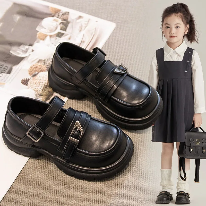 Classic Girls Black Mary Jane Shoes Thick Bottom Kids Causal Leather Shoes Fashion Solid Color Children Princess Shoes Simple