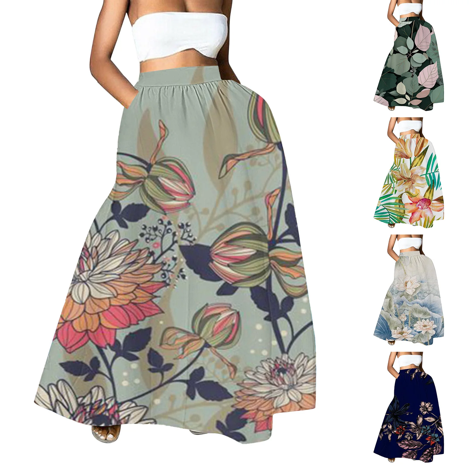 Women Floral Print Skirt High Waist Party Beach Pocket Long Maxi Slit Skirt Hoop Skirt for Women Maternity Skirts Womens Skirt