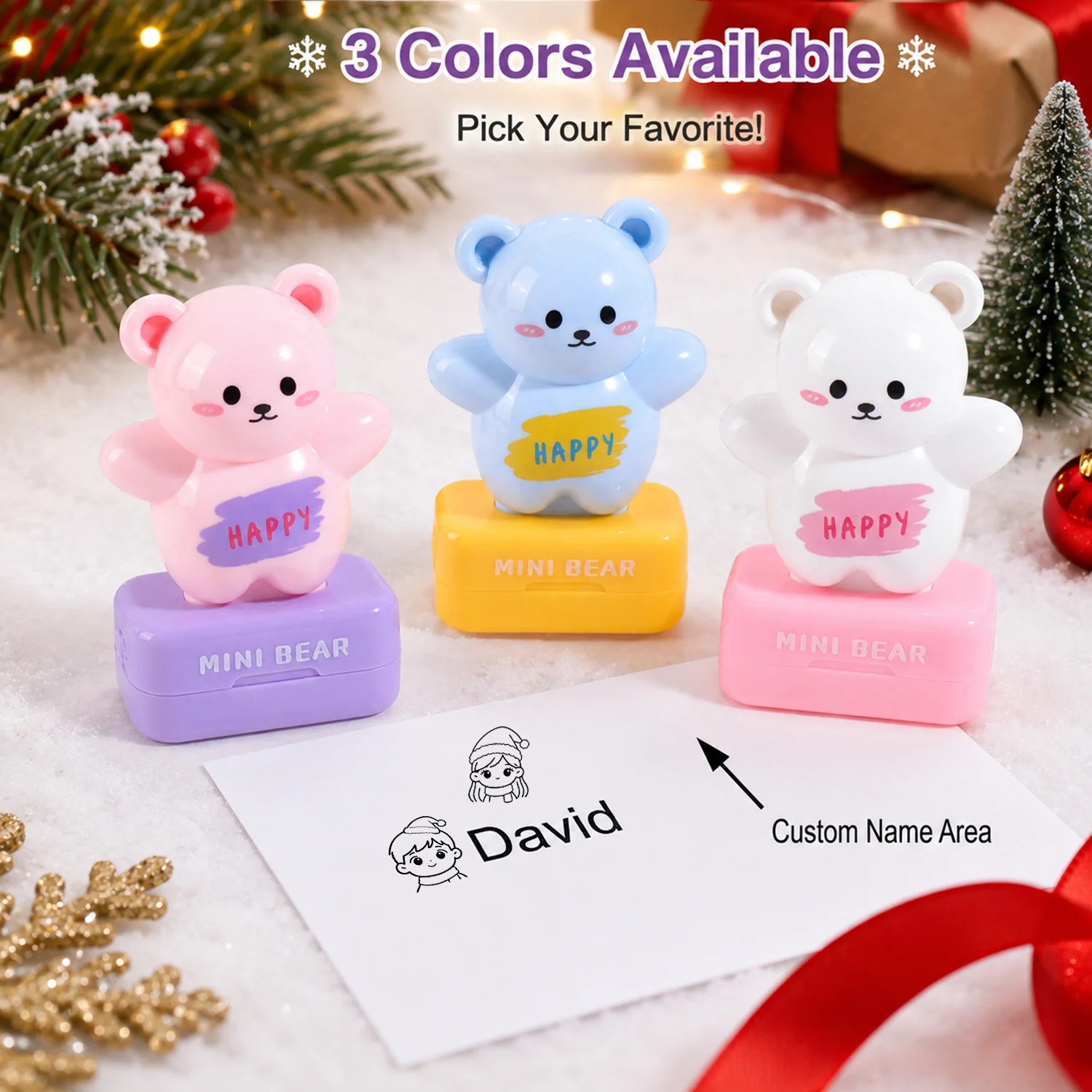 Personalized Christmas Name Stamp, Custom Mini Bear Stamp, 3 Colors, Holiday Gift for Cards, Crafts & Office