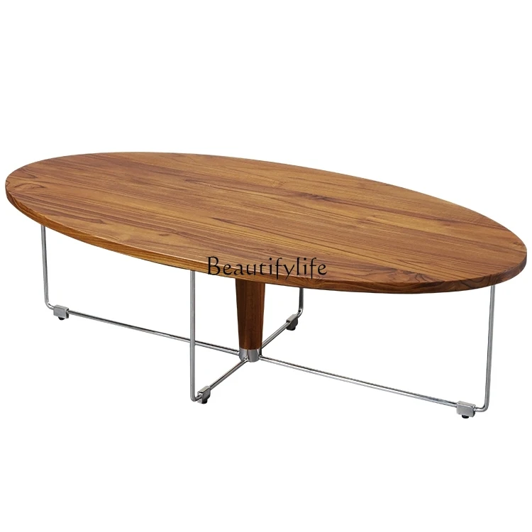 

Medieval full teak coffee table oval small apartment designer household solid wood stainless steel