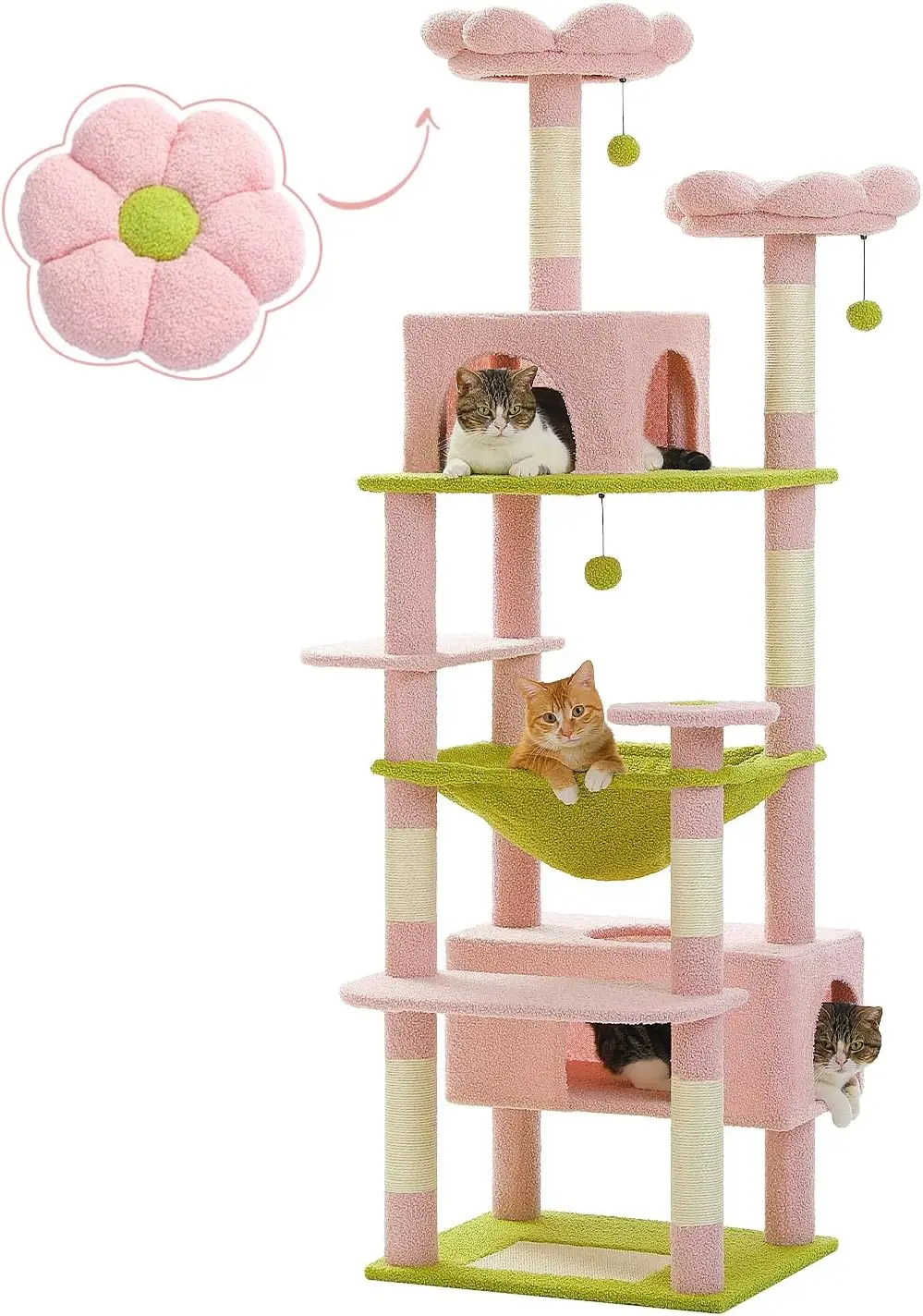 

Flower Cat Tree, 72 Inches Large Cat Tower with Steel Frame Hammock and 7 Scratching Posts, Tall Cat Tree with 2 Condos