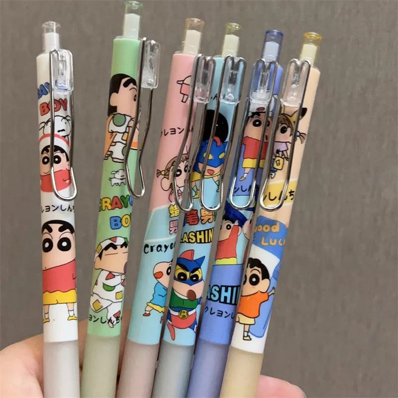 6Pcs Kawaii Crayon Shin-Chans Metal Hook Carbon Pen 0.5Mm Black St Pen Head Pressing Neutral Pen Signature Pen Ins Gift For Girl