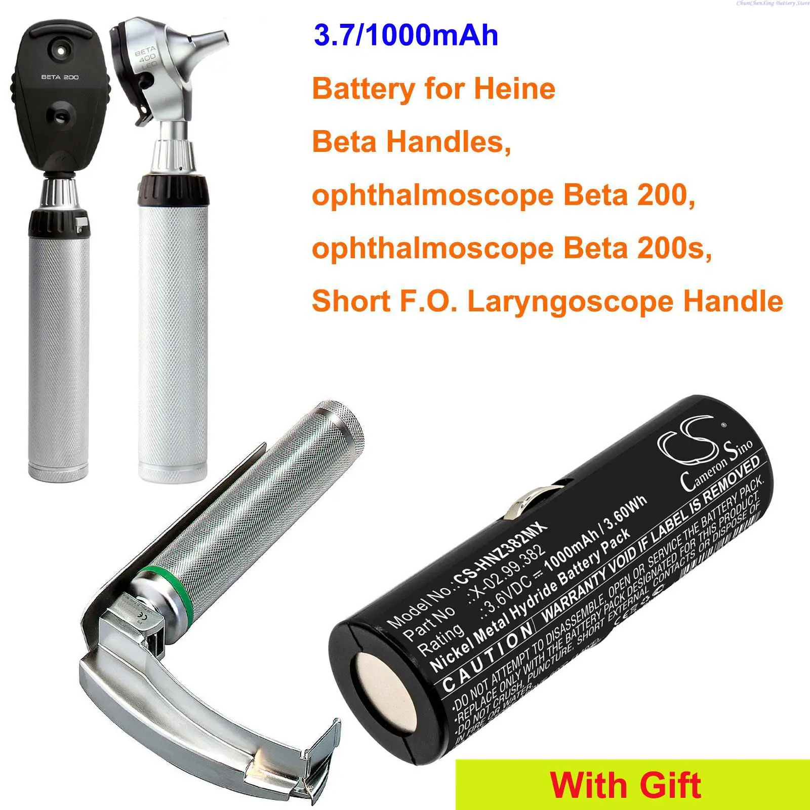  1000mAh Battery for Heine Beta Handles, ophthalmoscope Beta 200, Beta 200s, Short F.O. Laryngoscope Handle