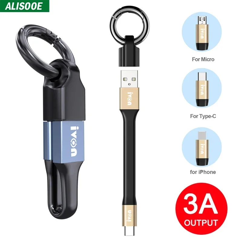 2 in 1 Portable Short Mini Keychain USB Mobile Data Cable for iPhone Xiaomi Oneplus 3A Fast Charging Micro USB C Type C Cable