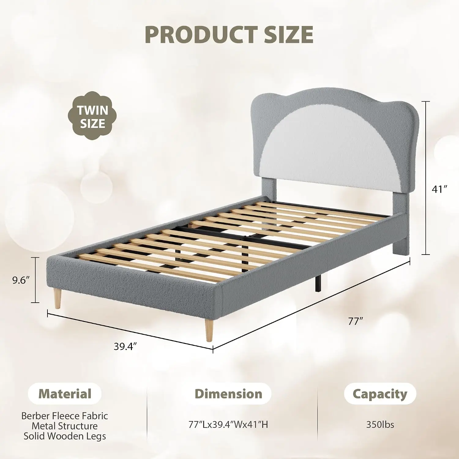 Twin Size Bed Frame for Kids - Cute Velvet Princess Platform Bed with Upholstered Headboard for Girls/Boys, Solid Wood Slats