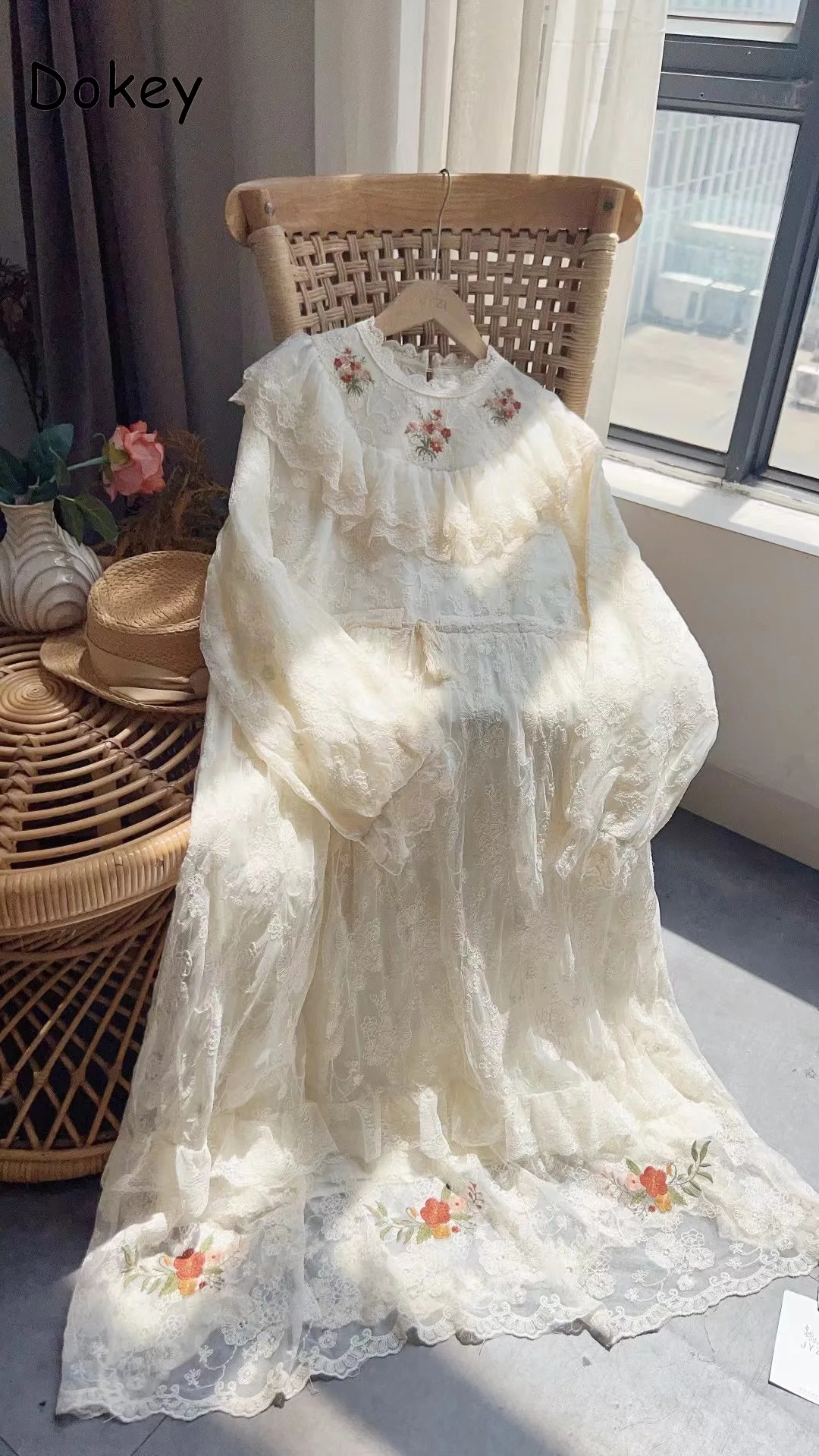 Vintage Embroidery Lace Ruffled White Dress Women Japanese Mori Doll Collar Long Sleeve Dress Casual Drawstring Loose Vestidos