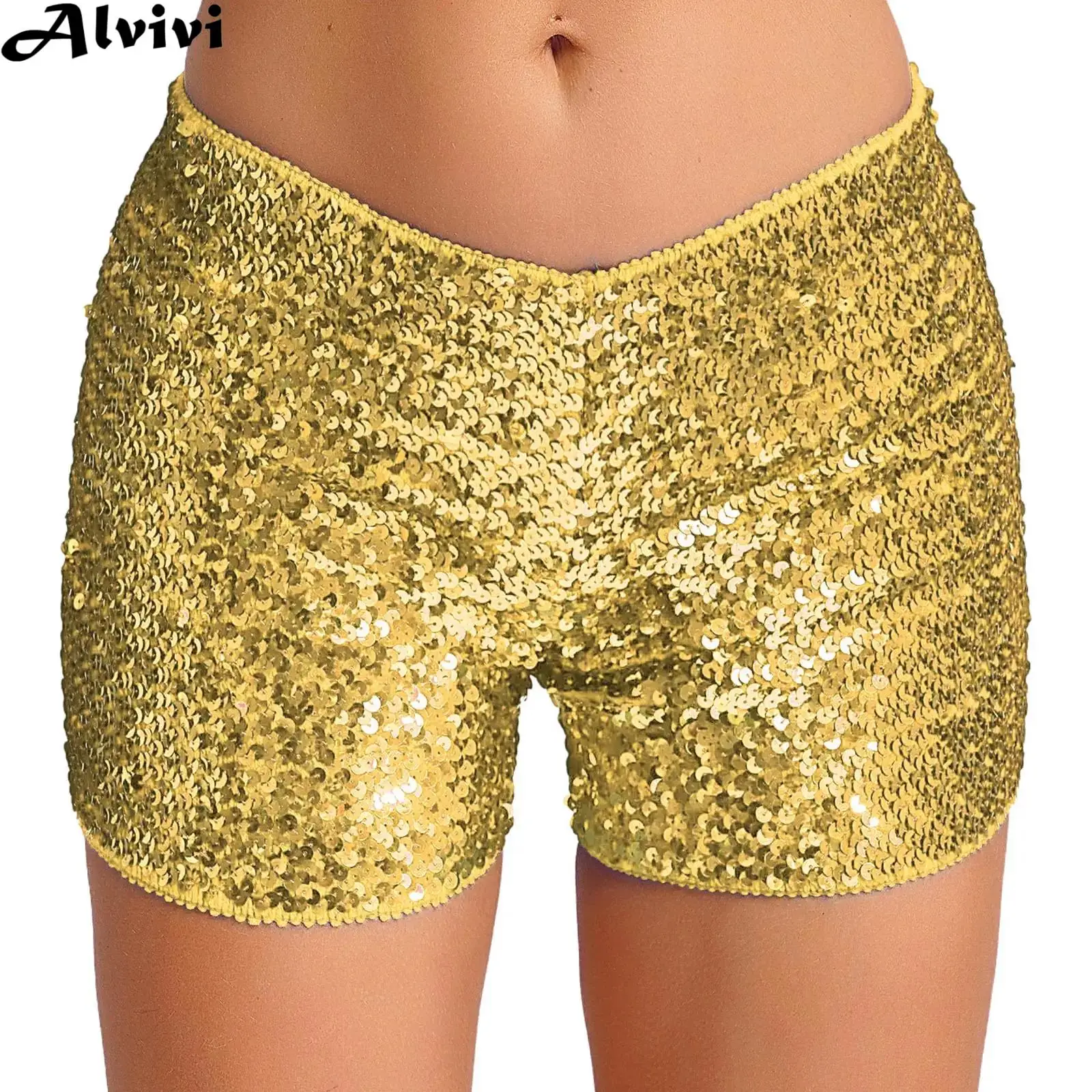 Women Pole Dancing Performance Hot Pants Shiny Sequins Low Rise Stretchy Shorts for Rave Party Nightclub Music Festival Concert