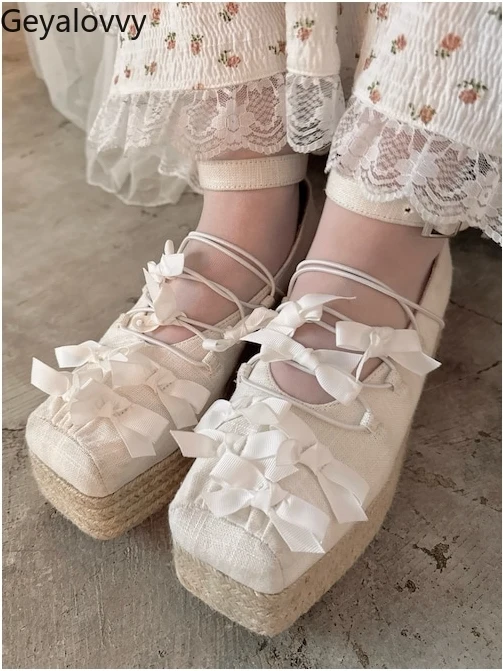

Japanese Retro Sweet Bow Lolita Style Straw Bottom Platform Muffin Bottom Mary Jane Shoes Spring Autumn Women's Pumps