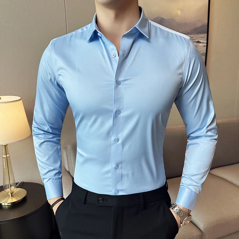 2026 New Men's Blue Stretchy Wrinkle-Free Shirts, Gray Black White Red Green Asia Size Plain Long Sleeve Office Dress Shirt