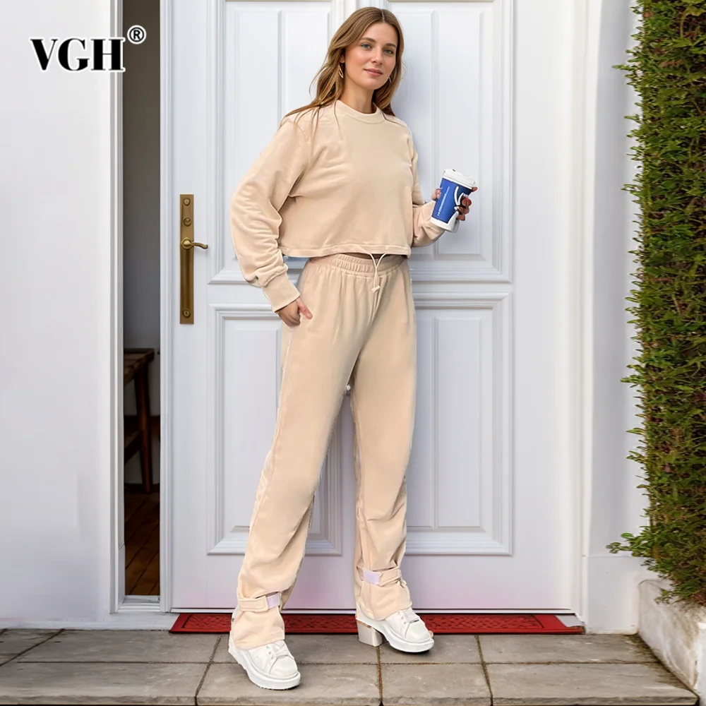 

VGH Casual Solid Two Piece Set For Women Round Neck Long Sleeve Sweatshirt Pencil Trouser Minimalist Sets Female Fashion Style