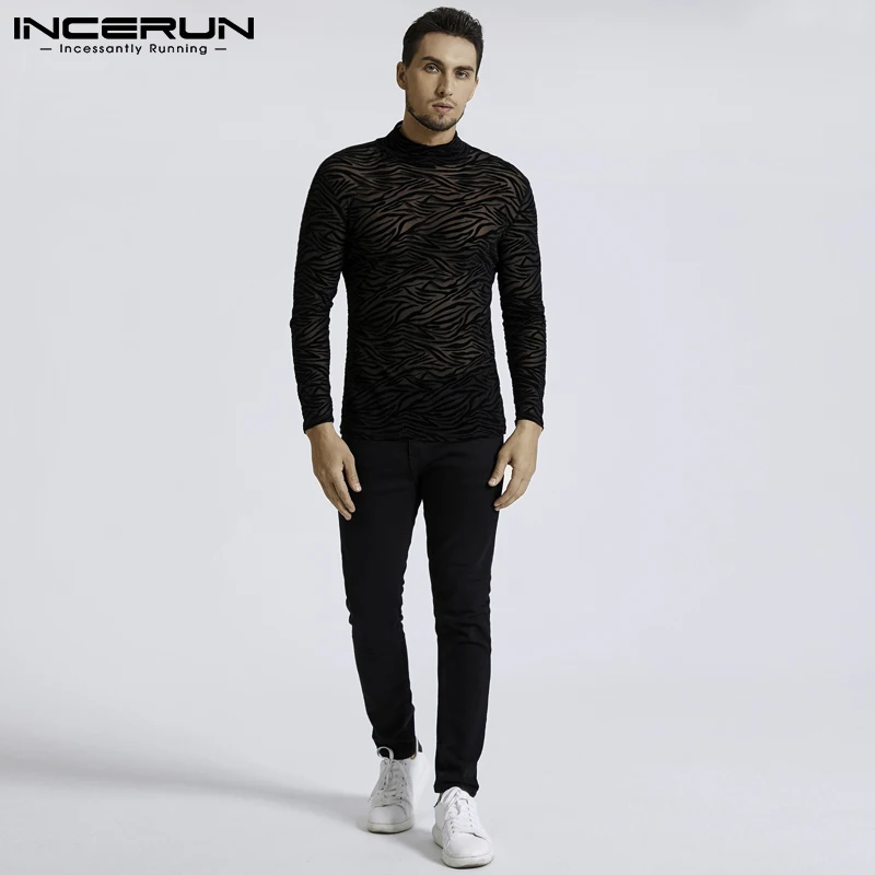 INCERUN Men Mesh T Shirt Turtleneck Long Sleeve See Through Printed Casual Sexy Tee Tops Streetwear Party Nightclub Camisetas