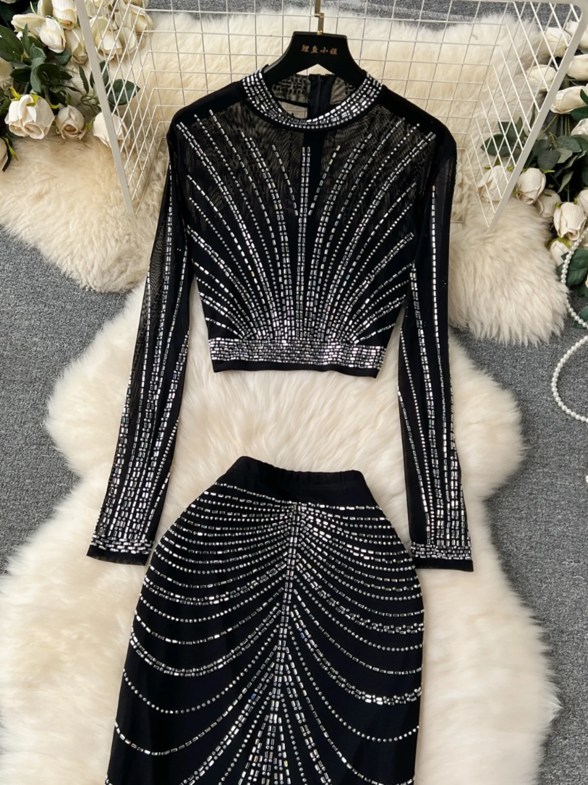 European and American Style Suit Light Luxury Heavy Embroidery Hot Drilling Long-Sleeved Top Skirt Sheer Mesh Fashionable Dress