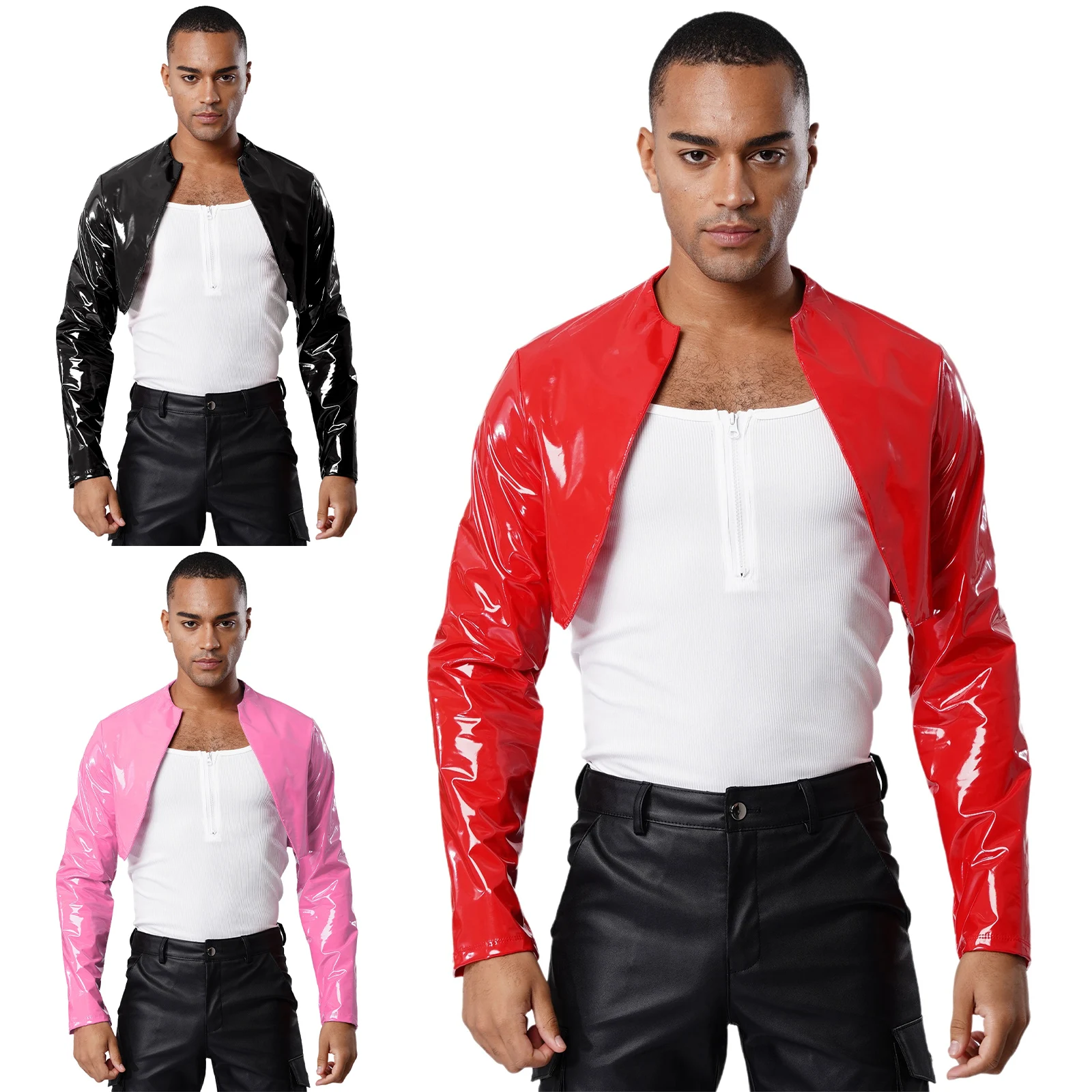 Men PU Leather Jackets Coast Long Sleeve Mini Unlined Motor Biker Singer Musical Performance Jackets for Party Disco Dance Coats